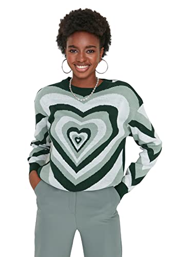 Trendyol Damska bluza z okrągłym dekoltem w paski, regularny sweter, ZIELONY, S