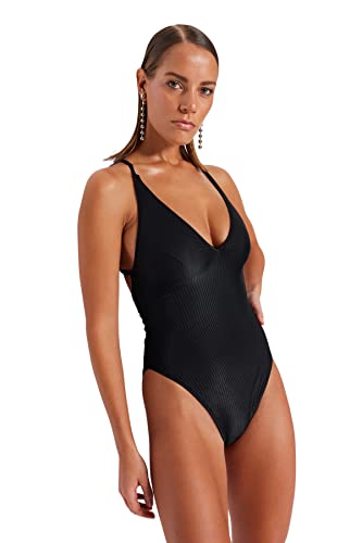Trendyol Damski kostium kąpielowy z dzianiny teksturowanej, czarny, 34, Czarny, 38