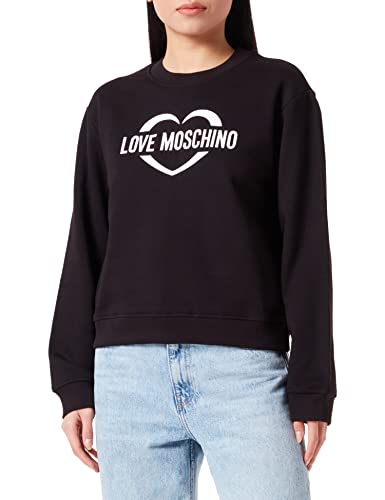 Love Moschino Damska bluza z okrągłym dekoltem z holograficznym nadrukiem serca, czarna, 46, czarny, 46