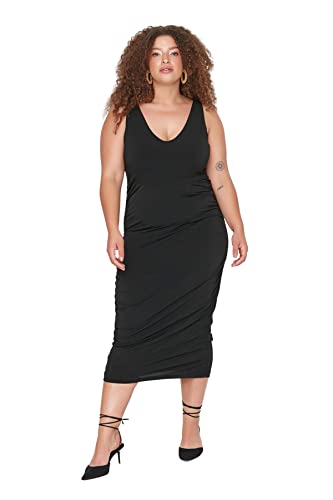 Trendyol Curve Plisowana sukienka z dzianiny w kwiaty granatu TBBSS22AH00044, Czarny, 4XL