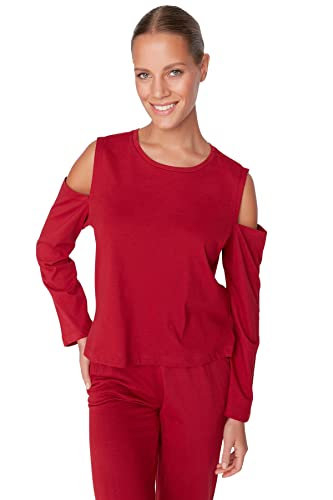 Trendyol Damska koszulka z dzianiny średniej średniej długości — spodnie piżamowe zestaw, Burgund, XS