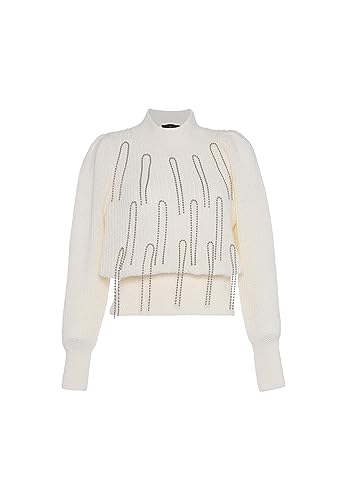 faina Damski sweter z okrągłym dekoltem i łańcuszkiem z cekinami Wełnowo-biały, rozmiar XL/XXL, biały (wollweiss), XL