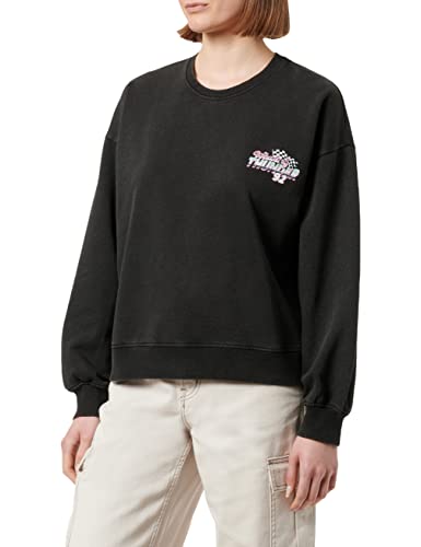 ONLY Damska bluza ONLLUCINDA REG L/S Race O-Neck Box SWT, Black/Print:Thunder, M, czarny/nadruk: Thunder, M