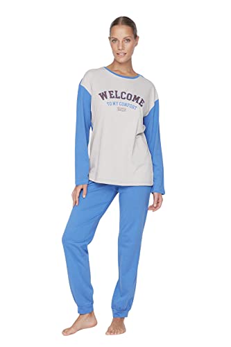 Trendyol Damska koszulka z dzianiny średniej średniej długości — spodnie piżamowe zestaw, NIEBIESKI, M