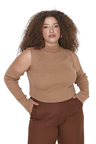 TRENDYOL Damska bluzka w dużych rozmiarach, podkreślająca figurę, wysoki kołnierz, koszulka plus size, brązowy, 3XL