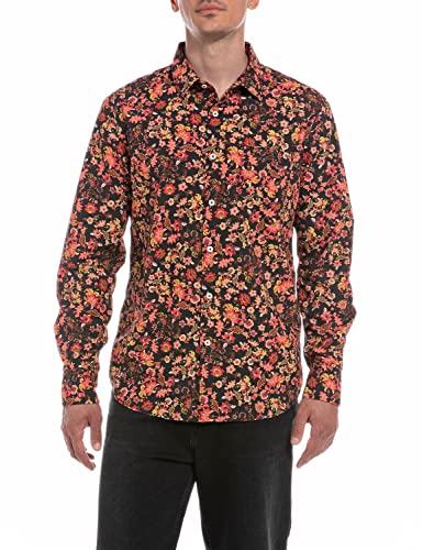 Replay Męska koszula M4049A, 010 czarna z czerwonymi nadrukami kwiatów, XL, 010 Black With Red Print Flowers, XL