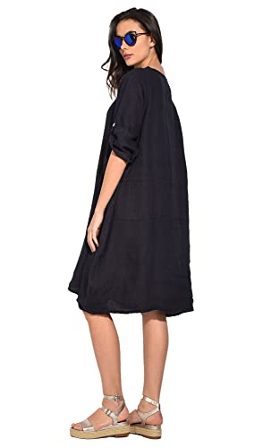 Bonateks damska sukienka 100% lniana Made in Italy, sukienka z ramiączkami i rozpinaniem z tyłu, granatowa, rozmiar: XL, granatowy, XL