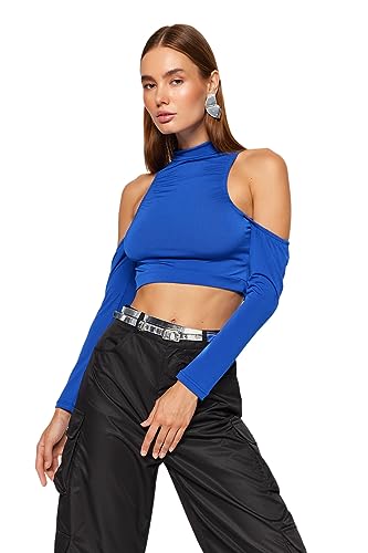 Trendyol Damska obcisła bluzka z wysokim dekoltem dla młodych slim fit basic stójka dzianinowa bluzka, Saksofon, L