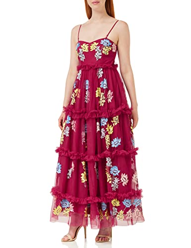 Maya Deluxe Damska sukienka midi bez rękawów, haftowana sukienka z falbanką, na wesele, dla druhny, na bal absolwentów, bal, winny, 38