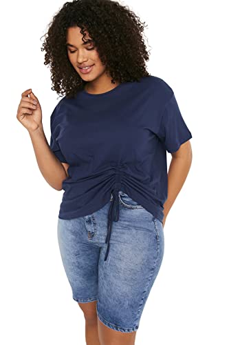 Trendyol Damska koszulka plus size regularna zmiana okrągły dekolt dzianina plus size, Indygo, 4XL Duże Rozmiary