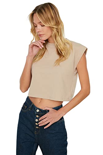 Trendyol Damska koszulka z dzianiny Basic Relaxed Standard Crew Neck, Wielbłądzi, S