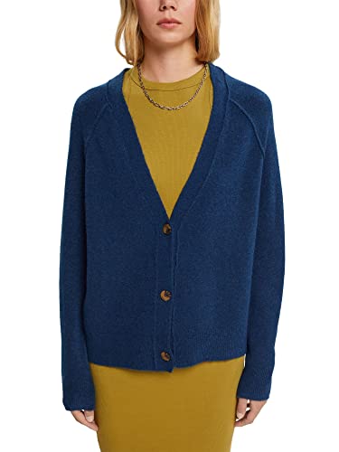 ESPRIT Z wełną: kardigan z dekoltem w serek, Petrol Blue, L