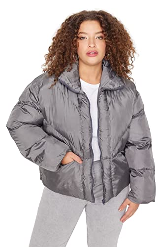 Trendyol Damska kurtka zimowa z kołnierzem stojącym, jednokolorowa, oversize, plus size, antracytowa, 50, Antracyt