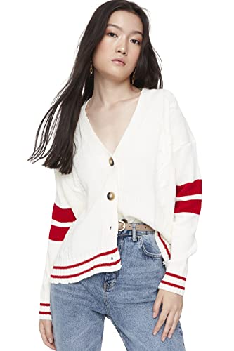 Trendyol Damski damski sweter oversize standardowy dekolt w serek dzianinowy kardigan, ecru, L, Ecru, L