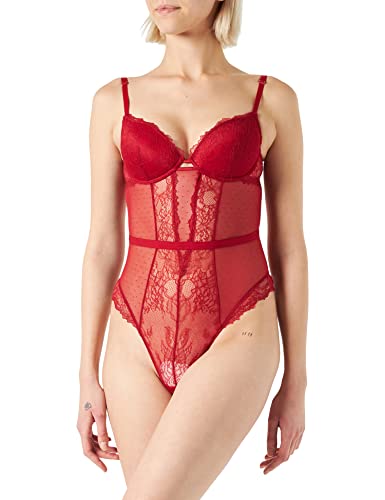 women'secret Damskie klasyczne body z wypełnieniem z koronki i biustonoszem Balconette Plumeti, Czerwony/koralowy, 85C