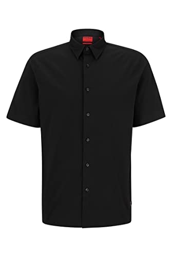 HUGO Męska koszula Ebor Relaxed-Fit z miękkiej szorstkiej bawełny streczowej, czarny (Black1), XS