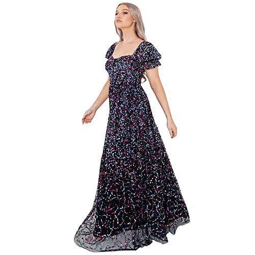 Maya Deluxe Panie Maxi Dress for Women Sequin Embellishment Krótkie Puffed Rękawy Sweatheart Neckline High Waist Długa Granatowa Sukienka Damska, Czarny, 34