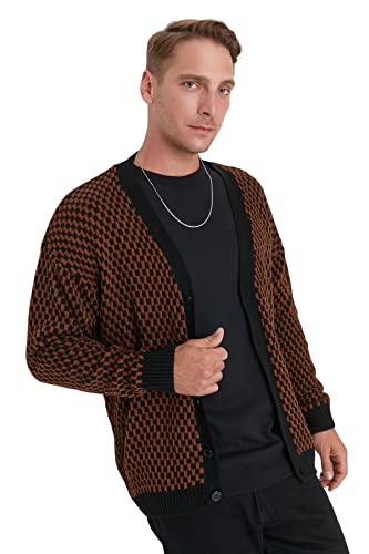 Trendyol Męski oversize standardowy kardigan z dekoltem w serek, Brązowy, S