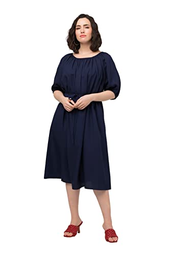 Ulla Popken, Damska sukienka midi, pasek do wiązania, okrągły dekolt, balonik z półrękawem, stalowoniebieski, 58-60