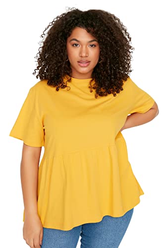 Trendyol Damska koszulka plus size luźny podstawowy okrągły dekolt dzianinowy plus size, pomarańczowy, 5XL (Duże Rozmiary)