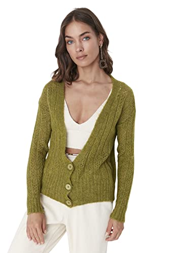 Trendyol Damski regularny kardigan z dzianiny z dekoltem w serek, Khaki, M