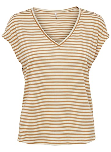 ONLCANNES S/S V-Neck Glitter Top JRS, Brązowy cukier/paski: cd/frosted migdałowy, XS