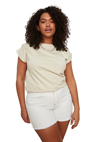 Trendyol Damska koszulka plus size, luźna, podstawowa, z okrągłym dekoltem, dzianinowa koszulka plus size, KAMIEŃ, XXLus