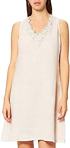 Bonateks, Sukienka bez rękawów z haftem na dekolcie w kształcie litery V, 100% len, rozmiar DE:38 Rozmiar US: M, jasnobeżowy - wyprodukowano we Włoszech, beżowy, 38