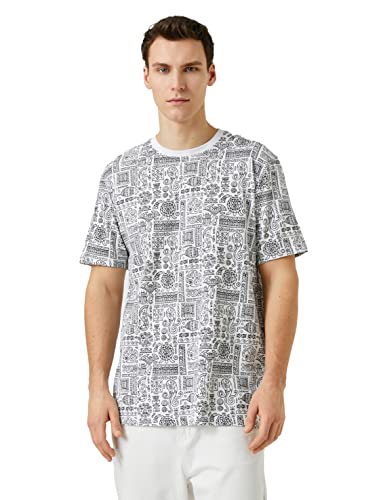 Koton Męski T-shirt z nadrukiem etnicznym, z okrągłym dekoltem i krótkim rękawem, Biały wzór (0d0), L