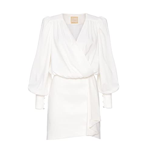 Swing Fashion Stefany elegancka sukienka damska, odświętna, na imprezę, letnia sukienka wieczorowa, sukienka koktajlowa, minisukienka z dekoltem w kopertę, długi rękaw, krótka, biały, XL