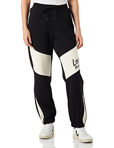 Love Moschino Regular Fit Jogger z kontrastowymi kolorowymi wstawkami i nadrukiem logo Italic damskie spodnie swobodne, Czarny beżowy., 40
