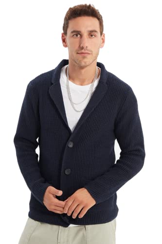 Trendyol Męski męski rozmiar plus slim standardowy kołnierz z klapą dzianina kardigan sweter, granatowy, S duże rozmiary