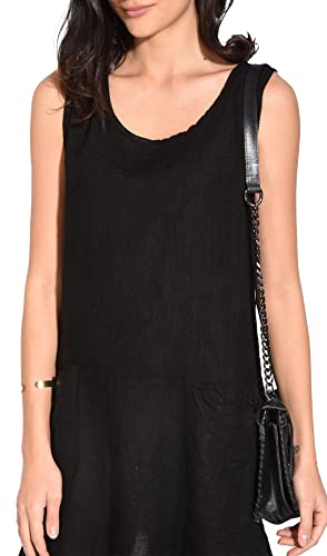 Sukienka damska 100% lniana Made in Italy, puszysta sukienka z okrągłym dekoltem i kieszeniami, satyna, rozmiar: S, Satyna, S