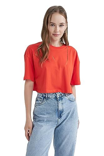 DeFacto Damska koszulka oversize Crop Tops – klasyczna koszulka basic dla kobiet – wygodna koszulka oversize dla kobiet, czerwony, L