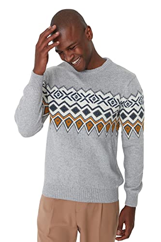 Trendyol Męska bluza z okrągłym dekoltem w etniczny wzór slim sweter, szary, XXL