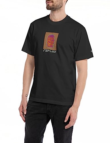 Replay Męski T-shirt z krótkim rękawem, okrągły dekolt, z nadrukiem z tyłu, Black 098, L