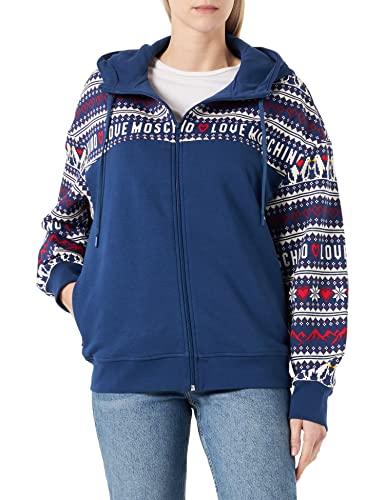 Love Moschino Zippered Hooded in Organic Cotton-Polyester Fleece with Sleeves And Chest Allover Hearts & Penguins Printed. Kurtka damska, BLE RED WHITE, 38