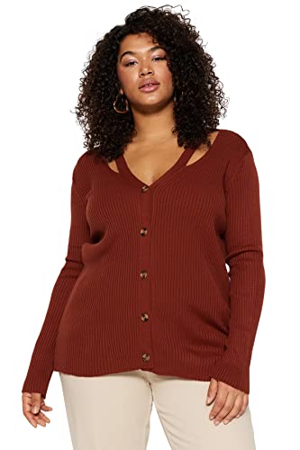 Trendyol Kobiety Plus Size Regular Fit Basic V Neck Dzianina Plus Size Kardigan, Brązowy, 4XL, Brązowy, 4XL Duże rozmiary