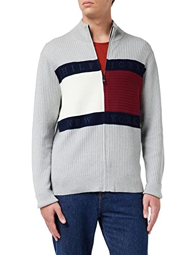 Tommy Hilfiger Męskie kardigany z flagą Hilfiger, zamek błyskawiczny, jasnoszary wrzosowy, L, jasnoszary wrzos, L