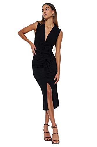 Trendyol Damska sukienka midi bodycon slim fit dzianinowa, Czarny, XS