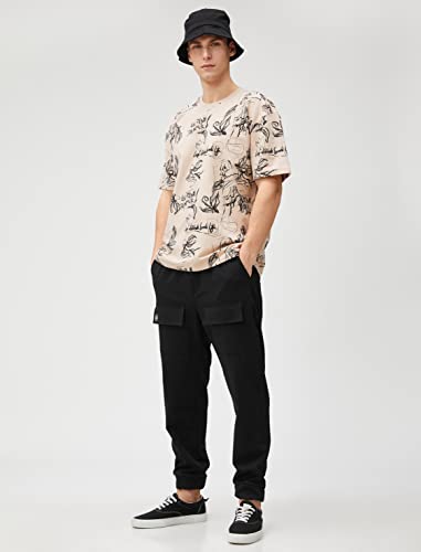 Koton Męski T-shirt z nadrukiem z okrągłym dekoltem, bawełniany, krótki rękaw, Beżowy wzór (03h), S