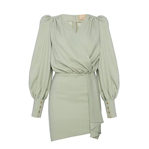 Swing Fashion Stefany elegancka sukienka damska, odświętna, na imprezę, letnia sukienka wieczorowa, sukienka koktajlowa, minisukienka z dekoltem w kopertę, długi rękaw, krótka, mięta, XS