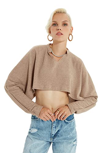 Trendyol Bluza damska, beżowa, crop knited, XL