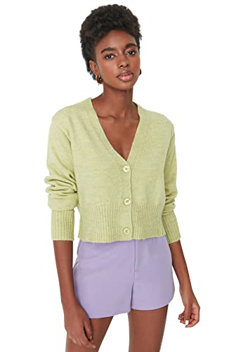 Trendyol Damski standardowy standardowy kardigan z dzianiny z dekoltem w serek, ZIELONY, S