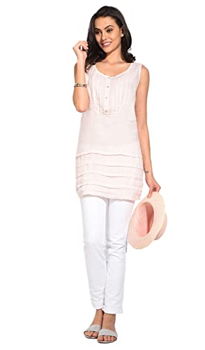 Bonateks damska sukienka 100% lniana Made in Italy, sukienka o średniej długości z okrągłym dekoltem i odkrytymi ramionami, niebieskie dżinsy, rozmiar: S, Niebieskie dżinsy, S