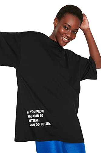 Trendyol Damska koszulka oversize basic z okrągłym dekoltem, czarna, M, Czarny, M