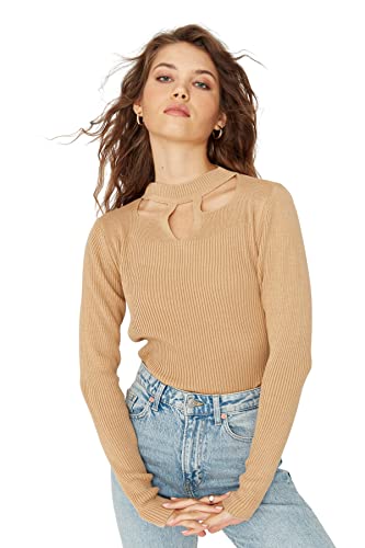 Trendyol Damska bluza z dzianiny o regularnym kroju basic ze stójką, Wielbłądzi, S