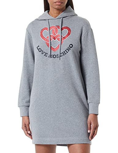 Love Moschino Damska bluza z kapturem z długim rękawem z chained hearts z nadrukiem, Średni melanż, szary, 42