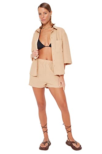 Trendyol Damska koszula damska, jednokolorowa, tkana, dwuczęściowy zestaw, Wielbłądzi, 6