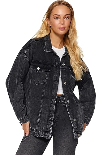 TRENDYOL Damski kołnierz z klapą, jednokolorowy, płaszcz oversize, czarny, rozmiar 32, czarny